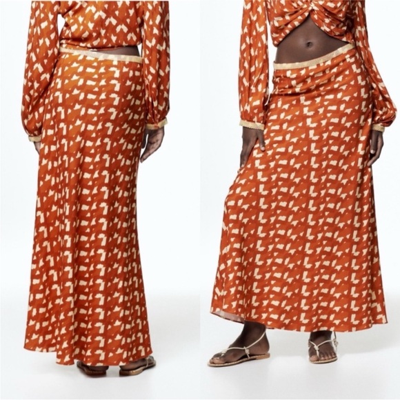 ZARA Orange Yellow Cream Beaded Maxi Skirt Size Small - Picture 2 of 16